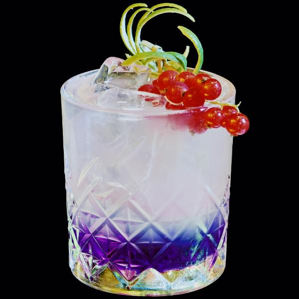 Miss Kō - Photograph of a red fruit cocktail in a tumbler glass with gooseberries