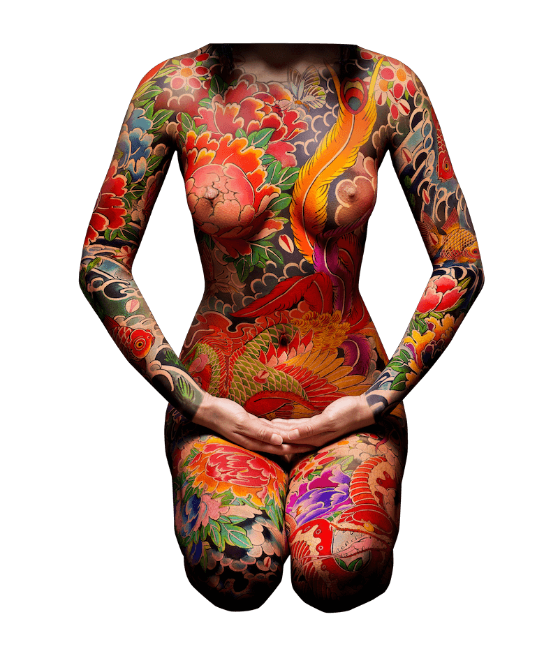 Miss Kō - Photograph of a tattooed woman sitting up front with her hands folded